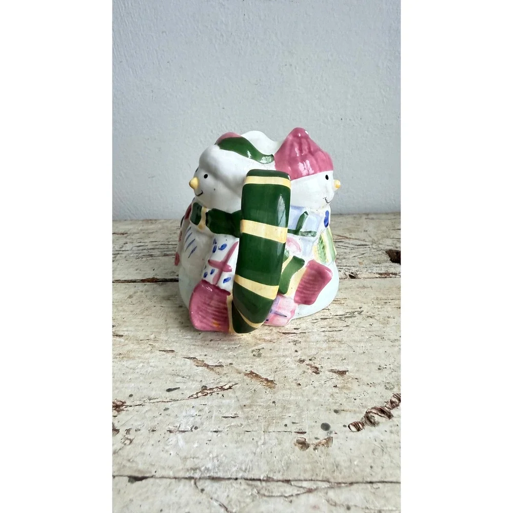 Vintage Snowman Ceramic Pitcher Christmas Holiday Creamer Hand Painted 4.25 CSGB